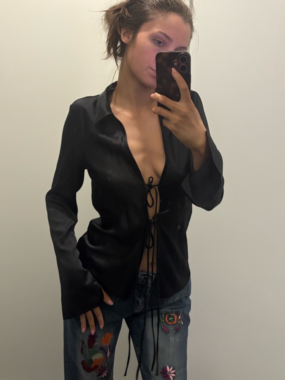 ZARA flare sleeve Black Satin Tie-Front Blouse / cardigan small